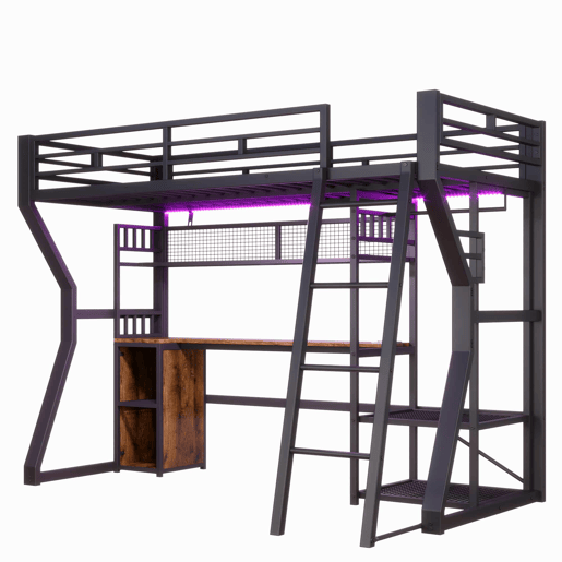 Cama alta 90x200 cm - estrutura em ferro, faixa de luz LED, tomada integrada, zona para pendurar roupa, secretária, compartimentos de arrumação, prateleiras, espaço aberto debaixo da cama, sem colchão - preto