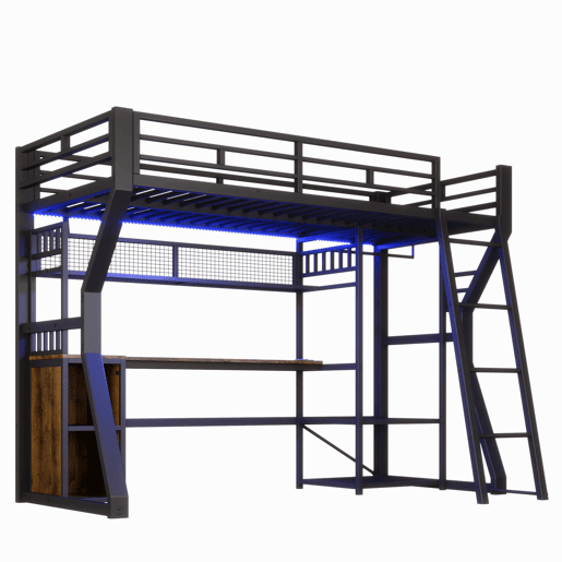 Cama alta 90x200 cm - estrutura em ferro, faixa de luz LED, tomada integrada, zona para pendurar roupa, secretária, compartimentos de arrumação, prateleiras, espaço aberto debaixo da cama, sem colchão - preto