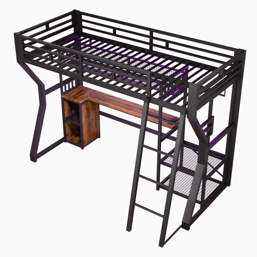Cama alta 90x200 cm - estrutura em ferro, faixa de luz LED, tomada integrada, zona para pendurar roupa, secretária, compartimentos de arrumação, prateleiras, espaço aberto debaixo da cama, sem colchão - preto