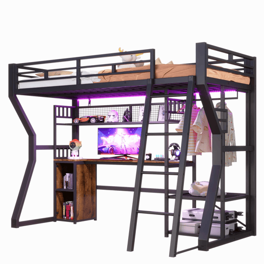 Cama alta 90x200 cm - estrutura em ferro, faixa de luz LED, tomada integrada, zona para pendurar roupa, secretária, compartimentos de arrumação, prateleiras, espaço aberto debaixo da cama, sem colchão - preto