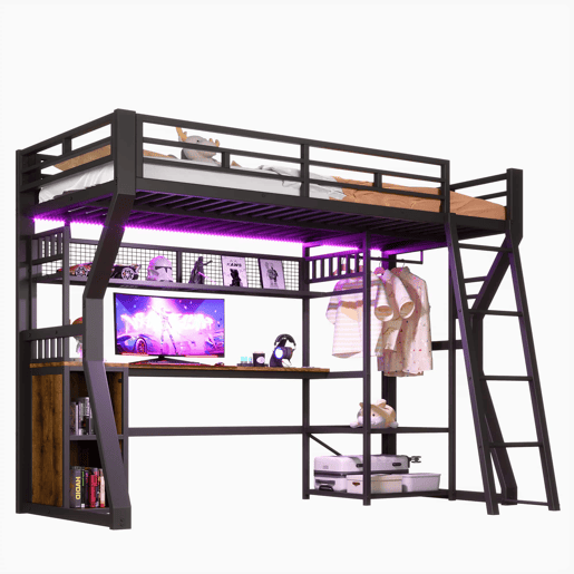 Cama alta 90x200 cm - estrutura em ferro, faixa de luz LED, tomada integrada, zona para pendurar roupa, secretária, compartimentos de arrumação, prateleiras, espaço aberto debaixo da cama, sem colchão - preto