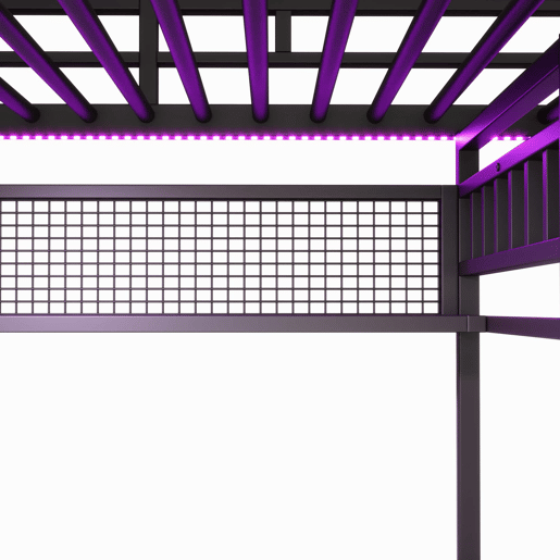 Cama alta 90x200 cm - estrutura em ferro, faixa de luz LED, tomada integrada, zona para pendurar roupa, secretária, compartimentos de arrumação, prateleiras, espaço aberto debaixo da cama, sem colchão - preto