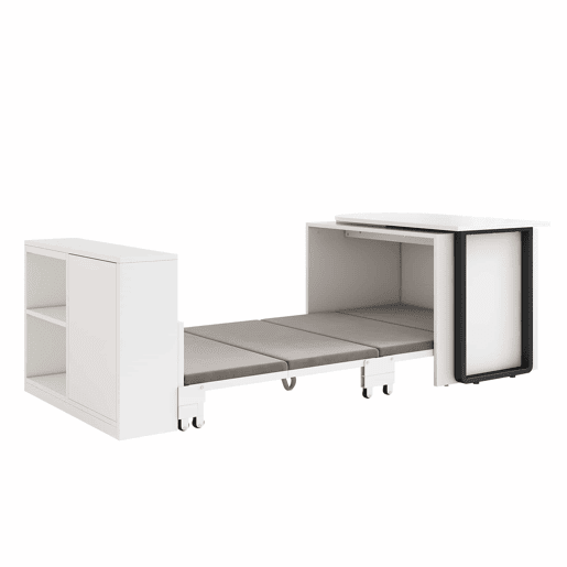 Secretária 2 em 1 com cama dobrável - estrutura metálica, colchão de 4 cm, rodízios, armário com 2 compartimentos - branco