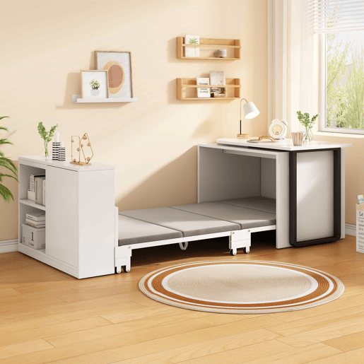 Secretária 2 em 1 com cama dobrável - estrutura metálica, colchão de 4 cm, rodízios, armário com 2 compartimentos - branco