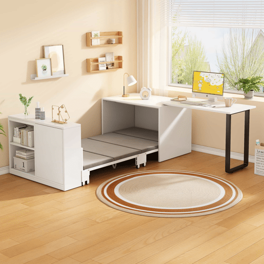 Secretária 2 em 1 com cama dobrável - estrutura metálica, colchão de 4 cm, rodízios, armário com 2 compartimentos - branco