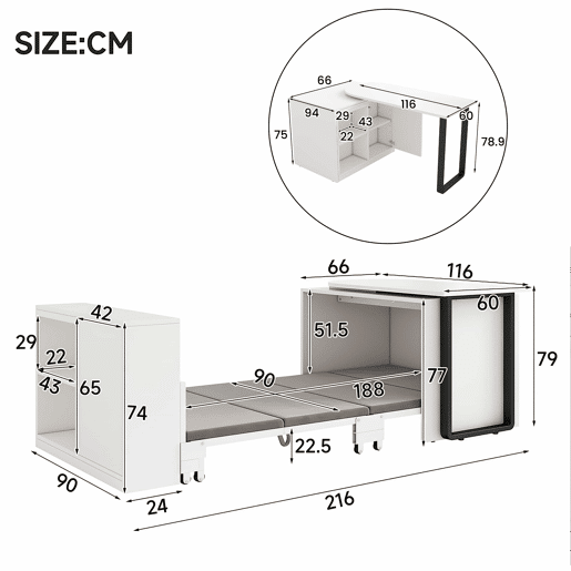 Secretária 2 em 1 com cama dobrável - estrutura metálica, colchão de 4 cm, rodízios, armário com 2 compartimentos - branco