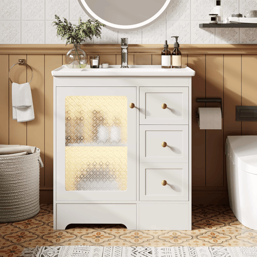Móvel de casa de banho com lavatório - sem dimensões especificadas - com apoio para os pés oculto, lavatório de cerâmica liso, iluminação LED, vidro em relevo e puxadores dourados - Branco