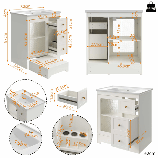 Móvel de casa de banho com lavatório - sem dimensões especificadas - com apoio para os pés oculto, lavatório de cerâmica liso, iluminação LED, vidro em relevo e puxadores dourados - Branco