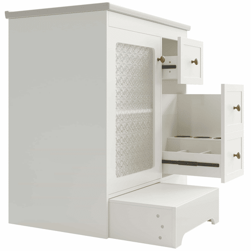 Móvel de casa de banho com lavatório - sem dimensões especificadas - com apoio para os pés oculto, lavatório de cerâmica liso, iluminação LED, vidro em relevo e puxadores dourados - Branco