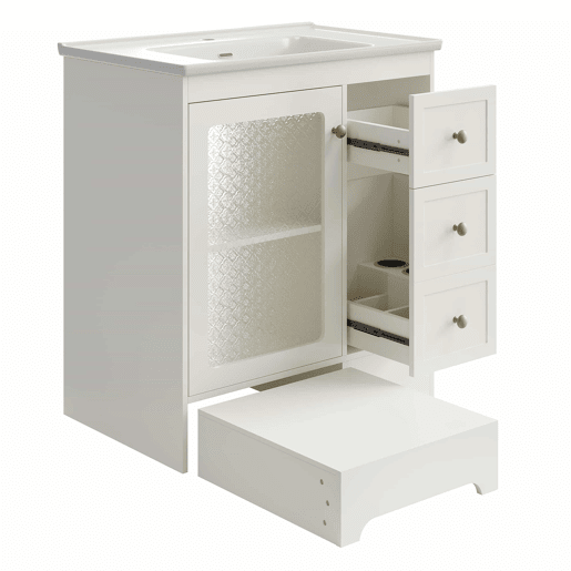 Móvel de casa de banho com lavatório - sem dimensões especificadas - com apoio para os pés oculto, lavatório de cerâmica liso, iluminação LED, vidro em relevo e puxadores dourados - Branco