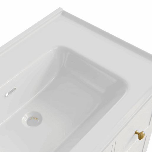 Móvel de casa de banho com lavatório - sem dimensões especificadas - com apoio para os pés oculto, lavatório de cerâmica liso, iluminação LED, vidro em relevo e puxadores dourados - Branco