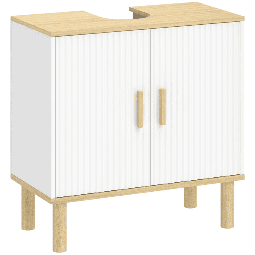HOMCOM Móvel para Baixo do Lavatório, Armário de Casa de Banho com Prateleira Ajustável, Portas Caneladas e Pés de Madeira, para Lavatório sem Pedestal, 60x30x61 cm, Branco