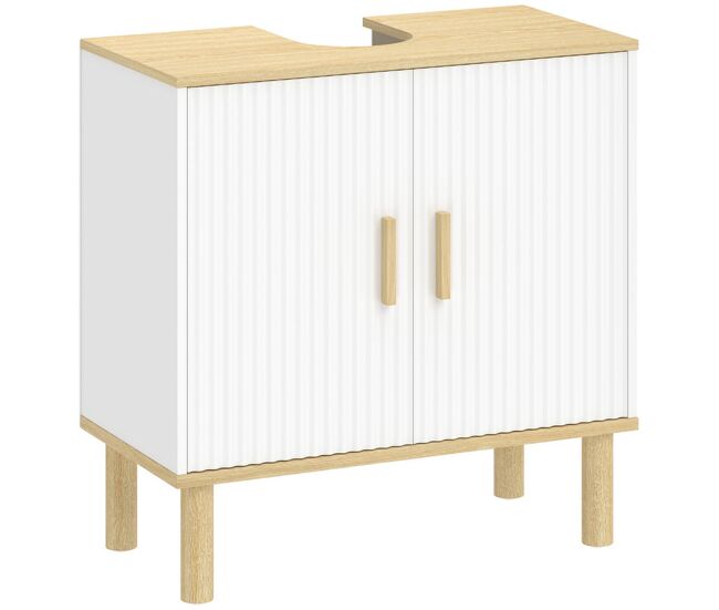 Homcom mueble bajo lavabo, mueble de baño con estante ajustable, 2 puertas acanaladas y patas de madera, estilo moderno para lavabo sin pedestal, 60x30x61 cm, blanco