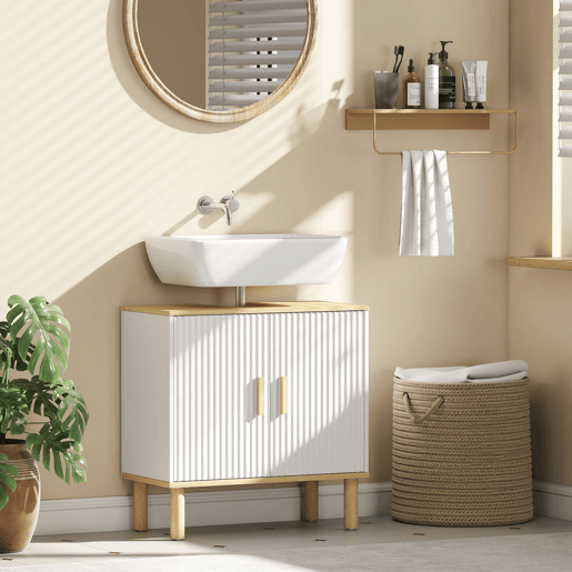 HOMCOM Móvel para Baixo do Lavatório, Armário de Casa de Banho com Prateleira Ajustável, Portas Caneladas e Pés de Madeira, para Lavatório sem Pedestal, 60x30x61 cm, Branco