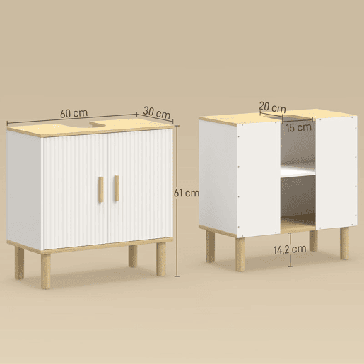 HOMCOM Móvel para Baixo do Lavatório, Armário de Casa de Banho com Prateleira Ajustável, Portas Caneladas e Pés de Madeira, para Lavatório sem Pedestal, 60x30x61 cm, Branco
