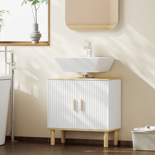 HOMCOM Móvel para Baixo do Lavatório, Armário de Casa de Banho com Prateleira Ajustável, Portas Caneladas e Pés de Madeira, para Lavatório sem Pedestal, 60x30x61 cm, Branco