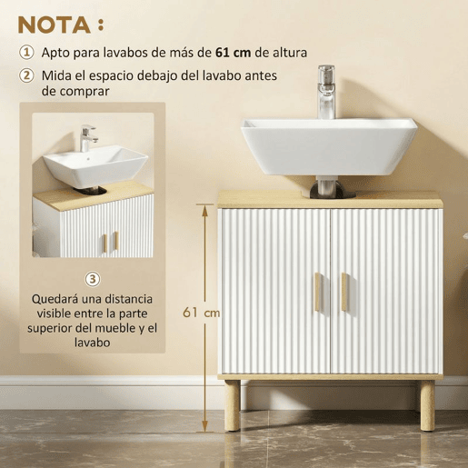 HOMCOM Móvel para Baixo do Lavatório, Armário de Casa de Banho com Prateleira Ajustável, Portas Caneladas e Pés de Madeira, para Lavatório sem Pedestal, 60x30x61 cm, Branco