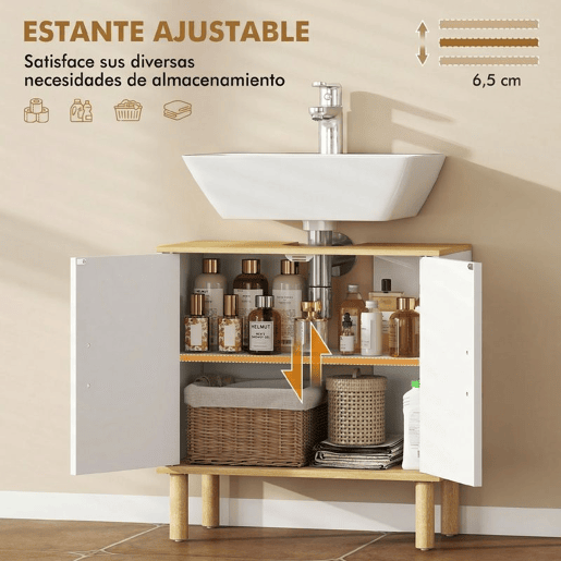 HOMCOM Móvel para Baixo do Lavatório, Armário de Casa de Banho com Prateleira Ajustável, Portas Caneladas e Pés de Madeira, para Lavatório sem Pedestal, 60x30x61 cm, Branco