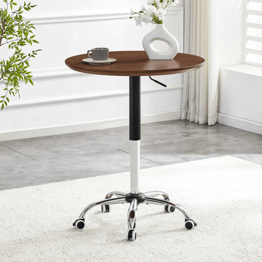Mesa auxiliar com rodízios e altura ajustável, Ø70 cm - design moderno, mesa redonda para escritório, cozinha e café - cor nogueira