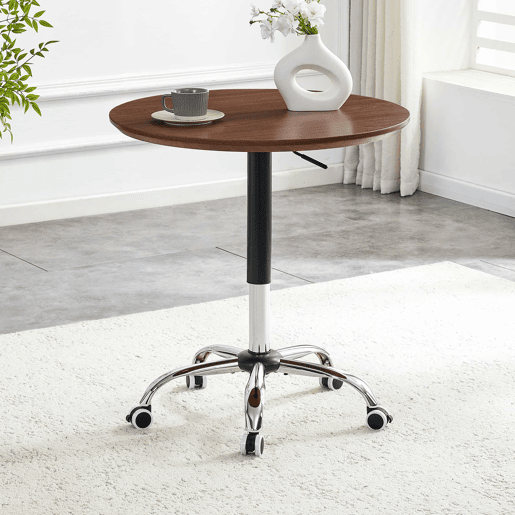 Mesa auxiliar com rodízios e altura ajustável, Ø70 cm - design moderno, mesa redonda para escritório, cozinha e café - cor nogueira