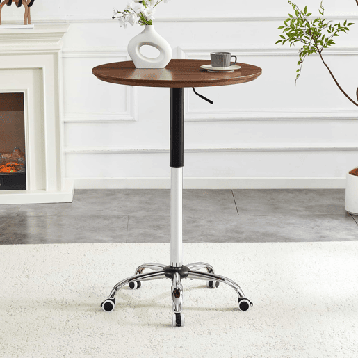 Mesa auxiliar com rodízios e altura ajustável, Ø70 cm - design moderno, mesa redonda para escritório, cozinha e café - cor nogueira