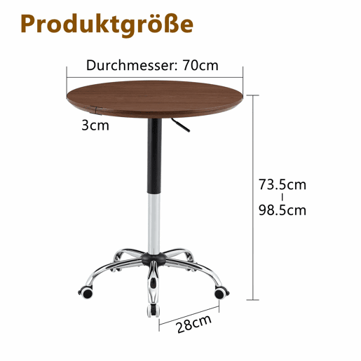 Mesa auxiliar com rodízios e altura ajustável, Ø70 cm - design moderno, mesa redonda para escritório, cozinha e café - cor nogueira