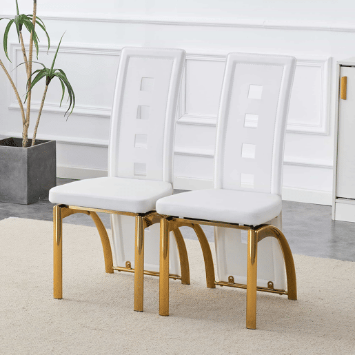 Cadeiras de sala de jantar 2 peças - design europeu com padrão perfurado, couro PU branco mate + pernas metálicas douradas - Branco+Dourado