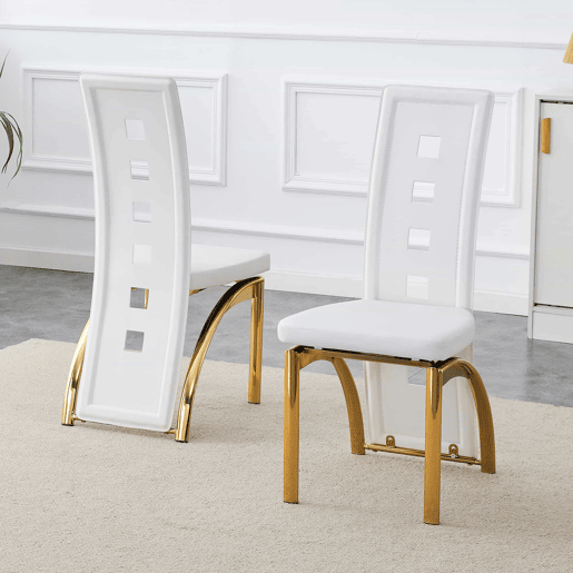 Cadeiras de sala de jantar 2 peças - design europeu com padrão perfurado, couro PU branco mate + pernas metálicas douradas - Branco+Dourado