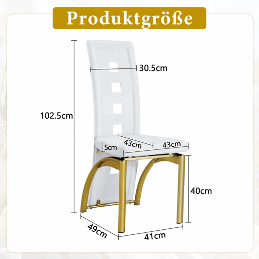 Cadeiras de sala de jantar 2 peças - design europeu com padrão perfurado, couro PU branco mate + pernas metálicas douradas - Branco+Dourado