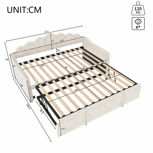 Sofá-cama com gaveta 90x200 cm (180x200 cm) - cama extensível, sofá-cama individual e duplo, veludo, faixa LED colorida, sem colchão - bege