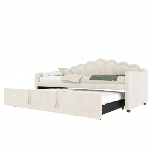 Sofá-cama com gaveta 90x200 cm (180x200 cm) - cama extensível, sofá-cama individual e duplo, veludo, faixa LED colorida, sem colchão - bege