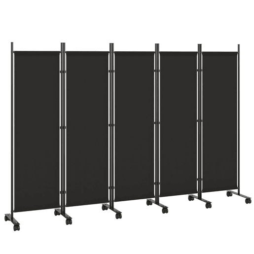 Outsunny Biombo Dobrável de 5 Painéis com 12 Rodas 252x170 cm Biombo Separador de Ambientes com Clipes de Conexão para Montagem Personalizada para Sala ou Escritório, Preto