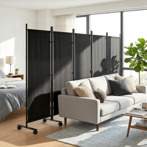 Outsunny Biombo Dobrável de 5 Painéis com 12 Rodas 252x170 cm Biombo Separador de Ambientes com Clipes de Conexão para Montagem Personalizada para Sala ou Escritório, Preto
