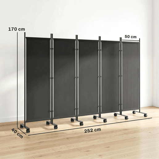 Outsunny Biombo Dobrável de 5 Painéis com 12 Rodas 252x170 cm Biombo Separador de Ambientes com Clipes de Conexão para Montagem Personalizada para Sala ou Escritório, Preto