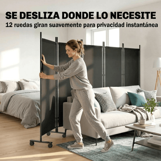 Outsunny Biombo Dobrável de 5 Painéis com 12 Rodas 252x170 cm Biombo Separador de Ambientes com Clipes de Conexão para Montagem Personalizada para Sala ou Escritório, Preto