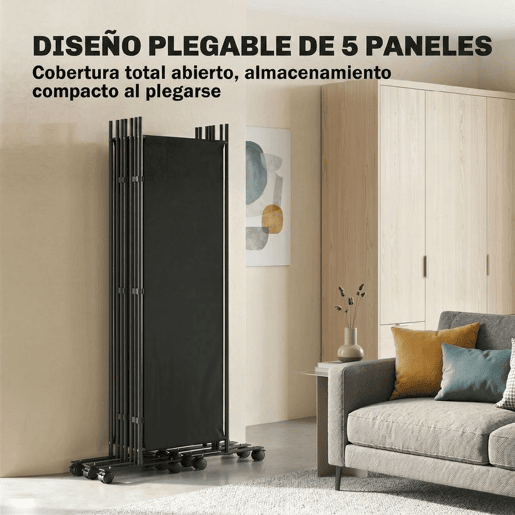 Outsunny Biombo Dobrável de 5 Painéis com 12 Rodas 252x170 cm Biombo Separador de Ambientes com Clipes de Conexão para Montagem Personalizada para Sala ou Escritório, Preto