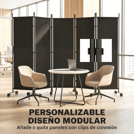 Outsunny Biombo Dobrável de 5 Painéis com 12 Rodas 252x170 cm Biombo Separador de Ambientes com Clipes de Conexão para Montagem Personalizada para Sala ou Escritório, Preto