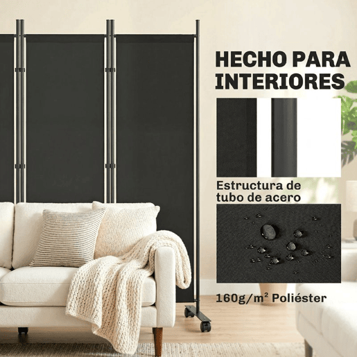 Outsunny Biombo Dobrável de 5 Painéis com 12 Rodas 252x170 cm Biombo Separador de Ambientes com Clipes de Conexão para Montagem Personalizada para Sala ou Escritório, Preto