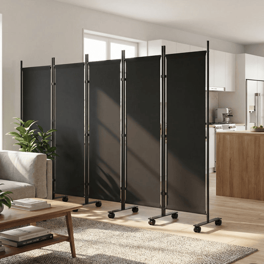 Outsunny Biombo Dobrável de 5 Painéis com 12 Rodas 252x170 cm Biombo Separador de Ambientes com Clipes de Conexão para Montagem Personalizada para Sala ou Escritório, Preto