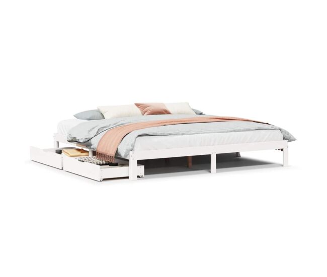 Estructura de cama doble matrimonial king size - cajones madera maciza pino blanco 180x200 cm