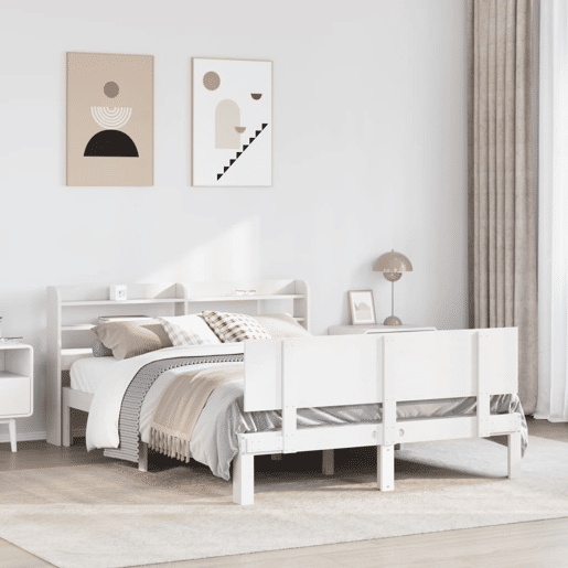 Estrutura De Cama De Casal c cabeceira - 150x200 cm pinho maciço branco Estrutura De Cama De Casal c cabeceira - 150x200 cm pinho maciço branco