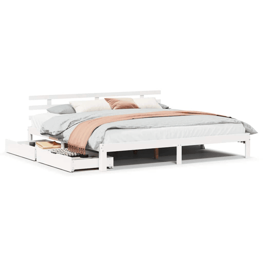 Estrutura De Cama De Casal Moderno c gavetas - 200x200 cm pinho maciço branco