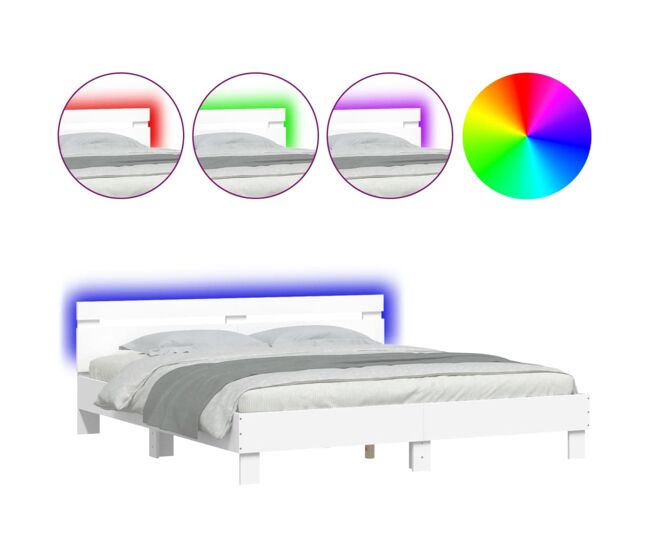 Estructura de cama doble matrimonial con cabecero y luces led blanca 200x200 cm