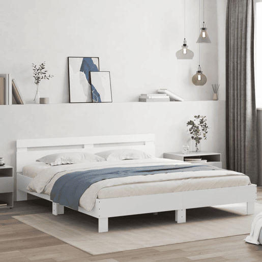 Estrutura de Cama de casal para adultos com cabeceira e luzes LED 200x200 cm branco