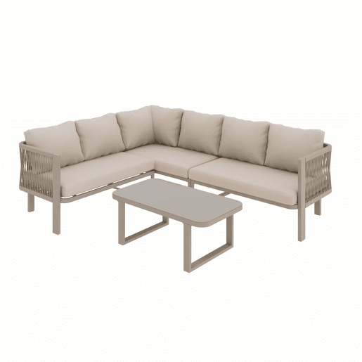 Conjunto de mobiliário de jardim para 6 pessoas - Conjunto de canto, estrutura em aço galvanizado, mesa em vidro, trançado em corda Teslin, inclui mesa, banco, cadeiras e sofá - Cor cáqui