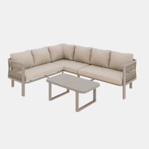Conjunto de mobiliário de jardim para 6 pessoas - Conjunto de canto, estrutura em aço galvanizado, mesa em vidro, trançado em corda Teslin, inclui mesa, banco, cadeiras e sofá - Cor cáqui