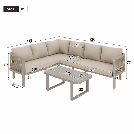 Conjunto de mobiliário de jardim para 6 pessoas - Conjunto de canto, estrutura em aço galvanizado, mesa em vidro, trançado em corda Teslin, inclui mesa, banco, cadeiras e sofá - Cor cáqui