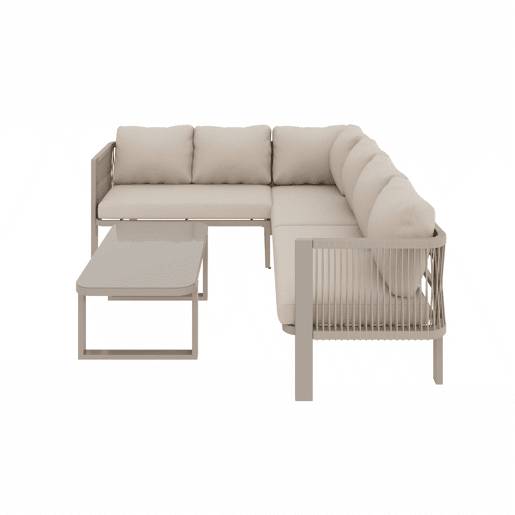 Conjunto de mobiliário de jardim para 6 pessoas - Conjunto de canto, estrutura em aço galvanizado, mesa em vidro, trançado em corda Teslin, inclui mesa, banco, cadeiras e sofá - Cor cáqui