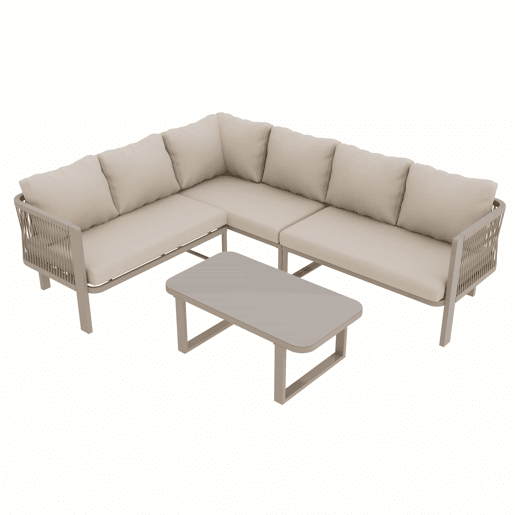 Conjunto de mobiliário de jardim para 6 pessoas - Conjunto de canto, estrutura em aço galvanizado, mesa em vidro, trançado em corda Teslin, inclui mesa, banco, cadeiras e sofá - Cor cáqui