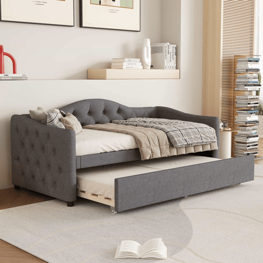Cama extra extensível 90x200 cm - sofá-cama individual, cama extraível, estilo minimalista, linho - cinzento